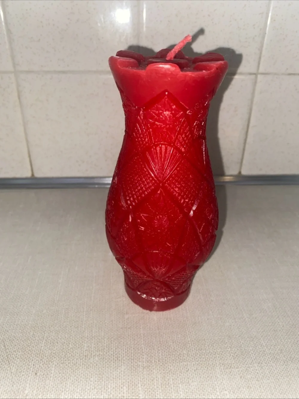 Vintage UNLIT Wax Candle Vase Shaped Red‎ Textured Patterned